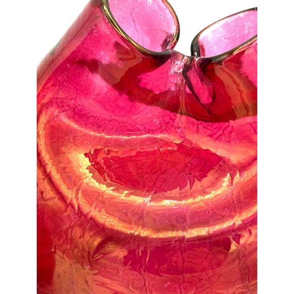 Art Glass Blenko? Pinched Vase Crackle Vintage Red Gold Florescent /Set of 2/dmg - Picture 7 of 8